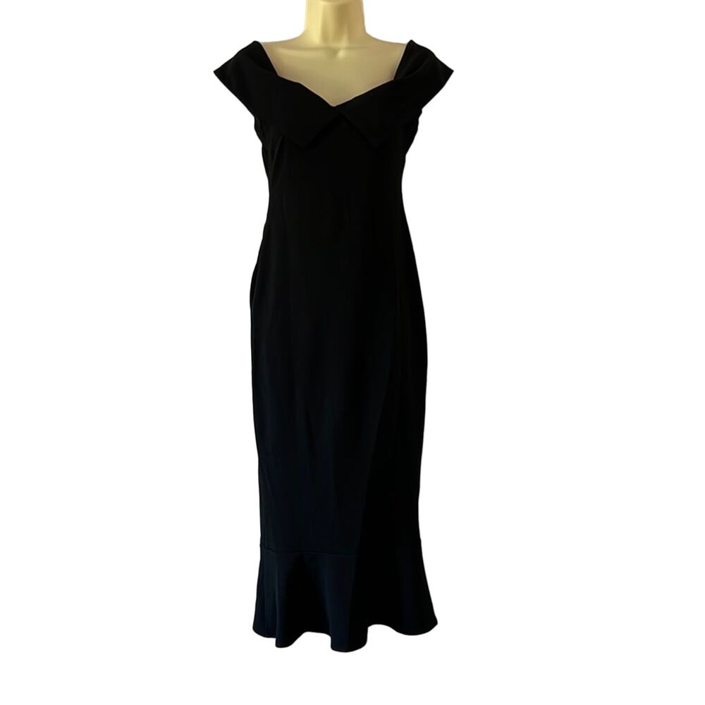 Black Bodycon Stretch Knit Dress Bottom Ruffle Woman Size Medium Off Shoulder